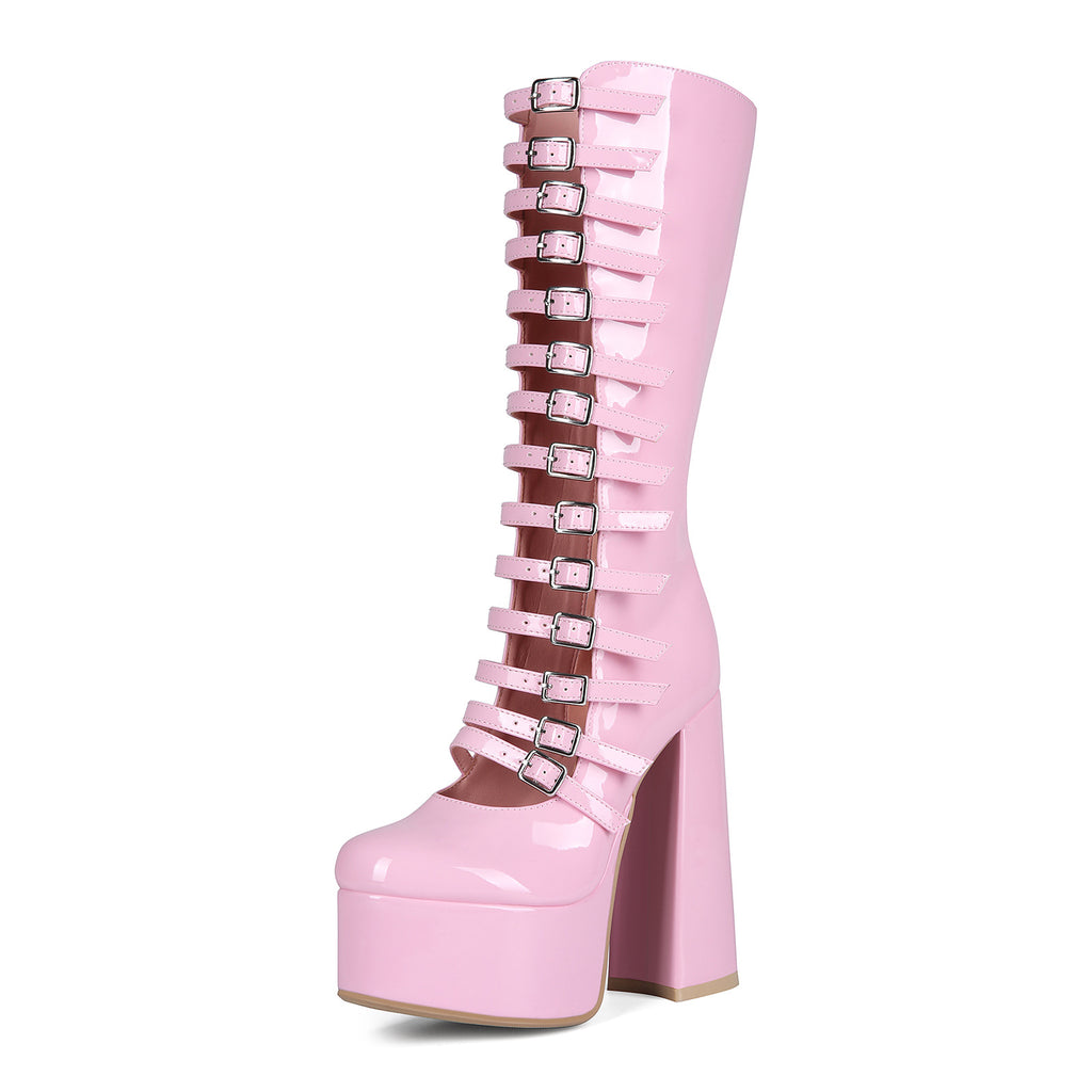 High heels Platform Knee high Boots - Buckled Up - X - 🩷