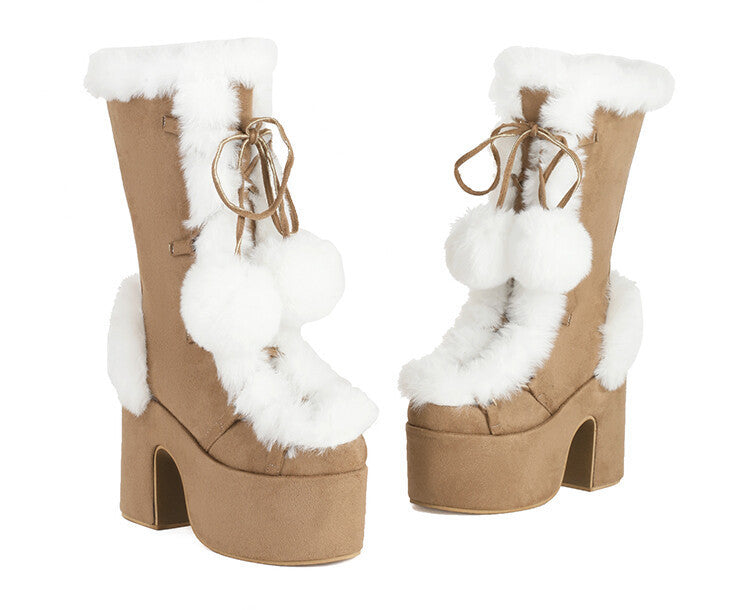 Chunky heels XL Platform Mid-calf Boots - Fur & Pompom - V - X