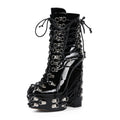 High-heels Platform Ankle Boots - Hardware & Laces - Black - II - 🖤