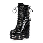 High-heels Platform Ankle Boots - Hardware & Laces - Black - II - 🖤