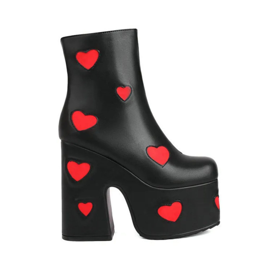 High-heels Platform Ankle  Boots - Hearts - I - Black - 🖤