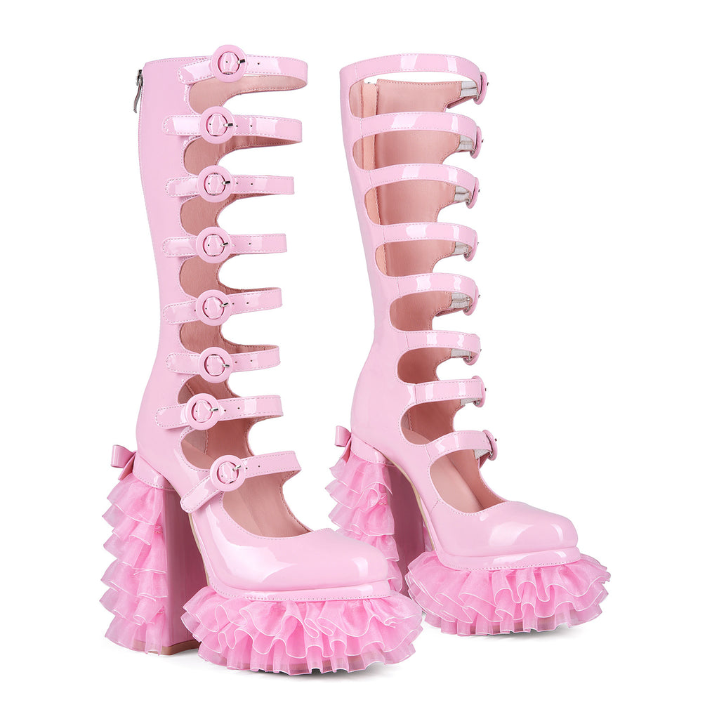 Tulle ruffle Knee high Platform Boots - VIII - 🩷