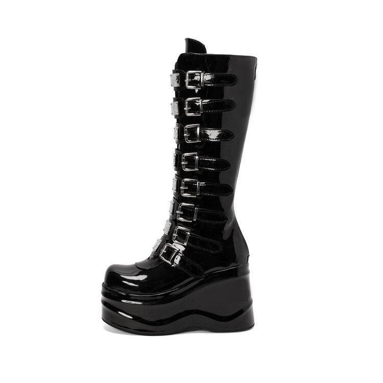 Platform Wedges Knee-high Buckles Boots - II - 🖤