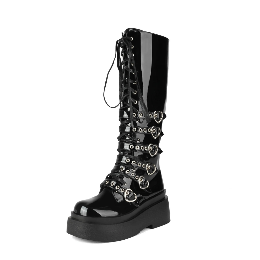 Chunky Platform Knee-high Boots - Heart Buckles - I - 🖤