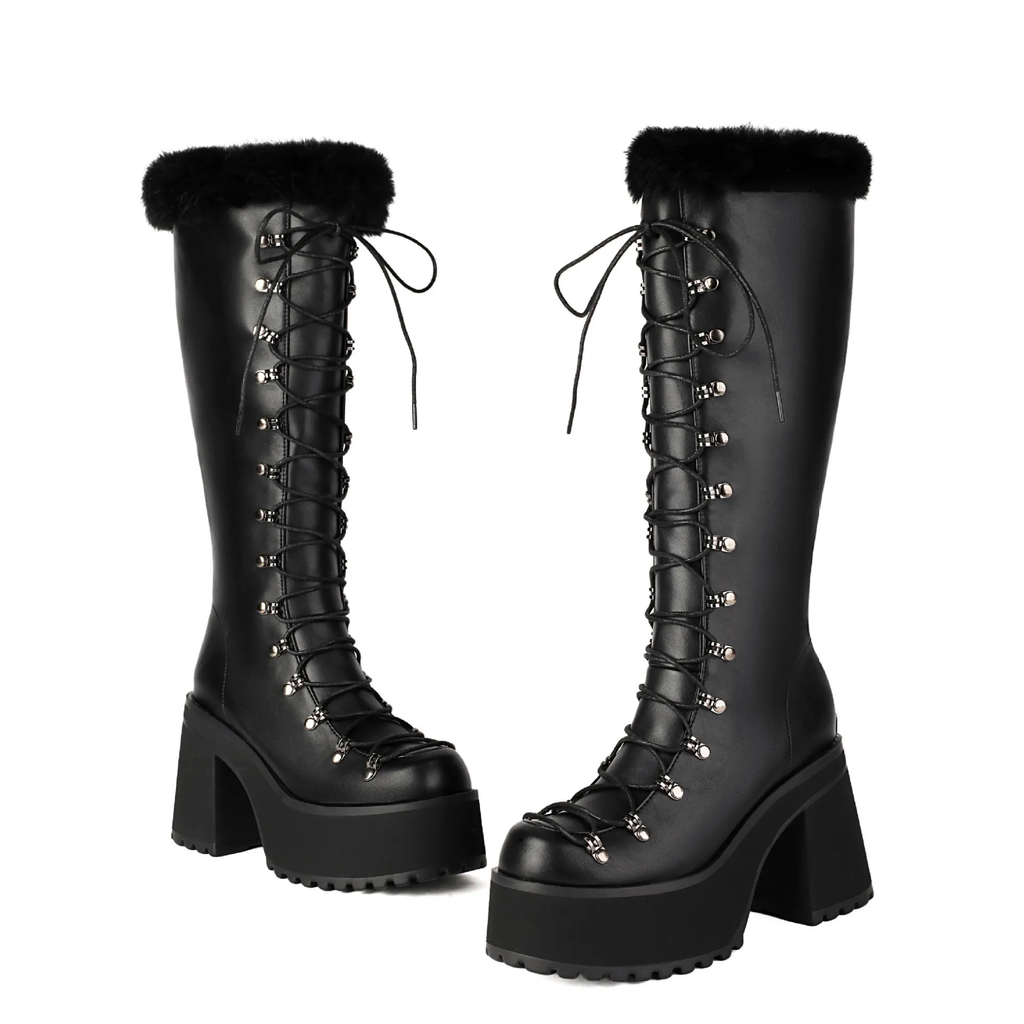 Platform Chunky heels Knee-high Boots - Lace-up & Fur - I - 🖤