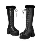 Platform Chunky heels Knee-high Boots - Lace-up & Fur - I - 🖤