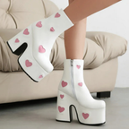 High-heels Platform Ankle  Boots - Hearts - I - White - 🩷