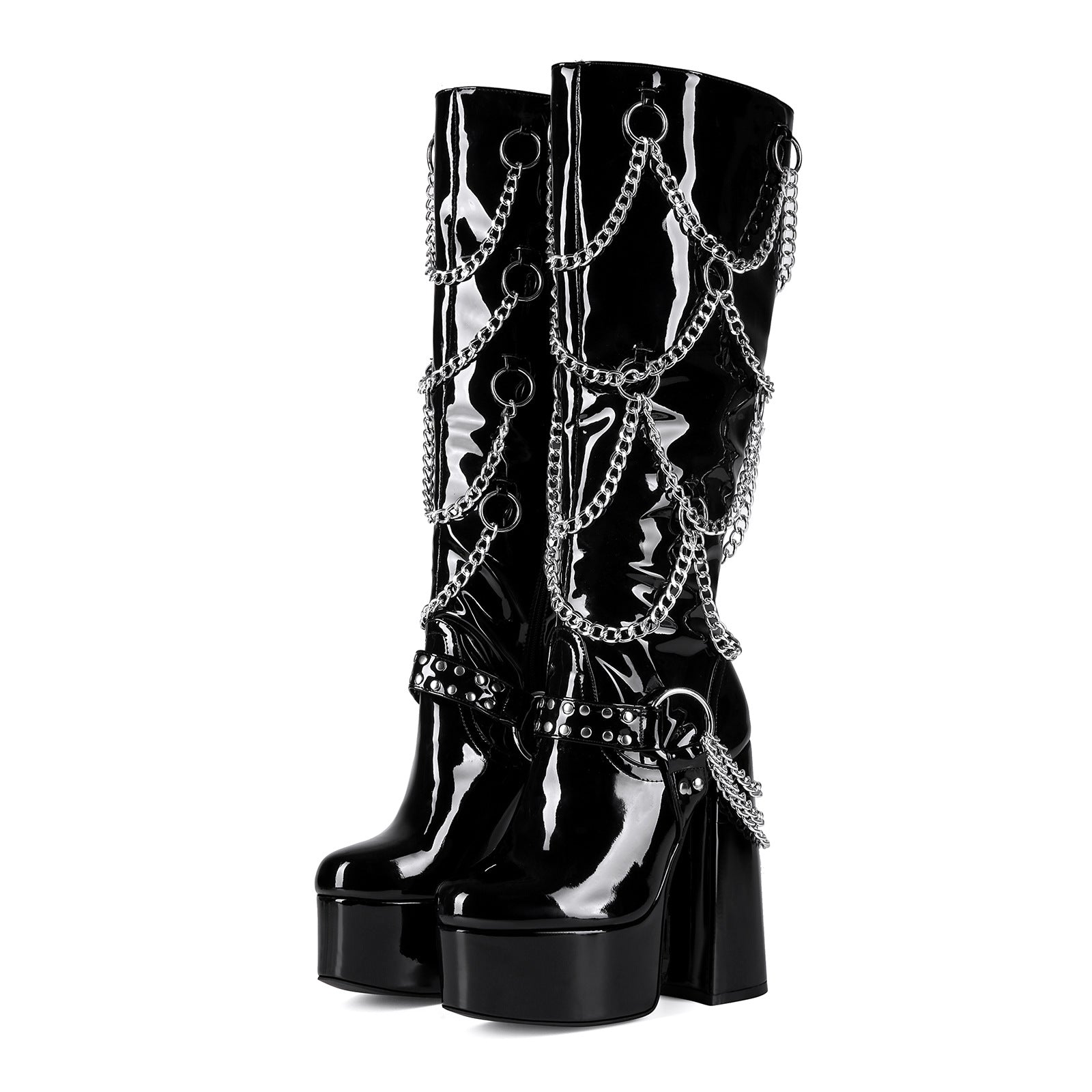 High heels Platform Knee high Boots - Chains - IX - 🖤