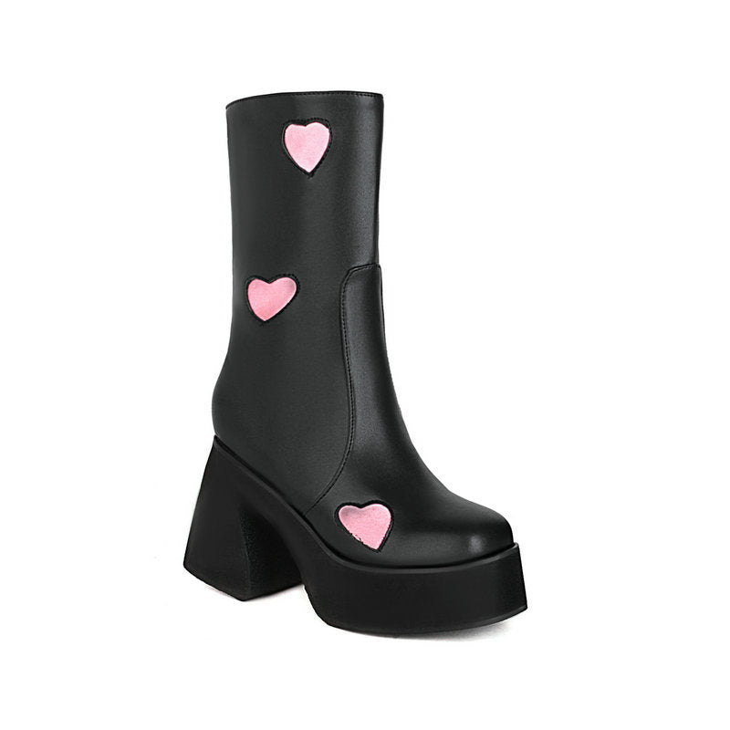 Low heels Platform Mid-calf Boots - Hearts - 🩷