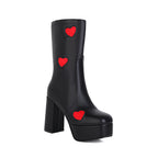 Mid-calf High-heels Platform Boots - Hearts - Black - 🖤