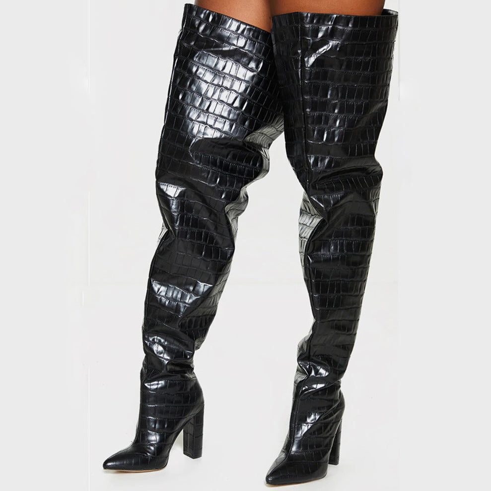 Chunky High-heels Thigh-high Boots - Croco - I - 🖤