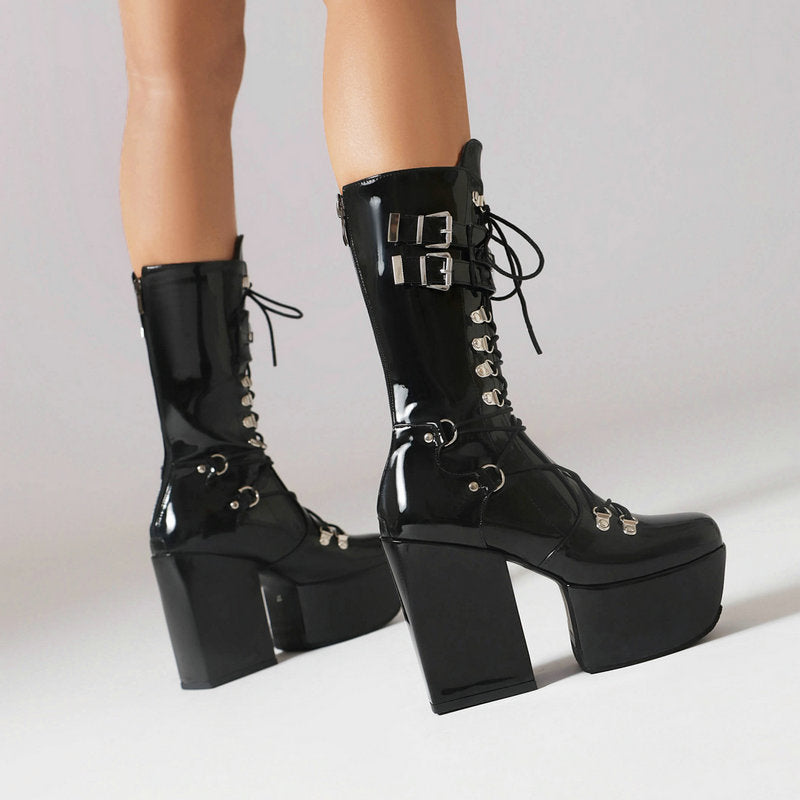 High heels XL Platform Mid-calf Boots - Lace-up & Metal hardware - III - 🖤