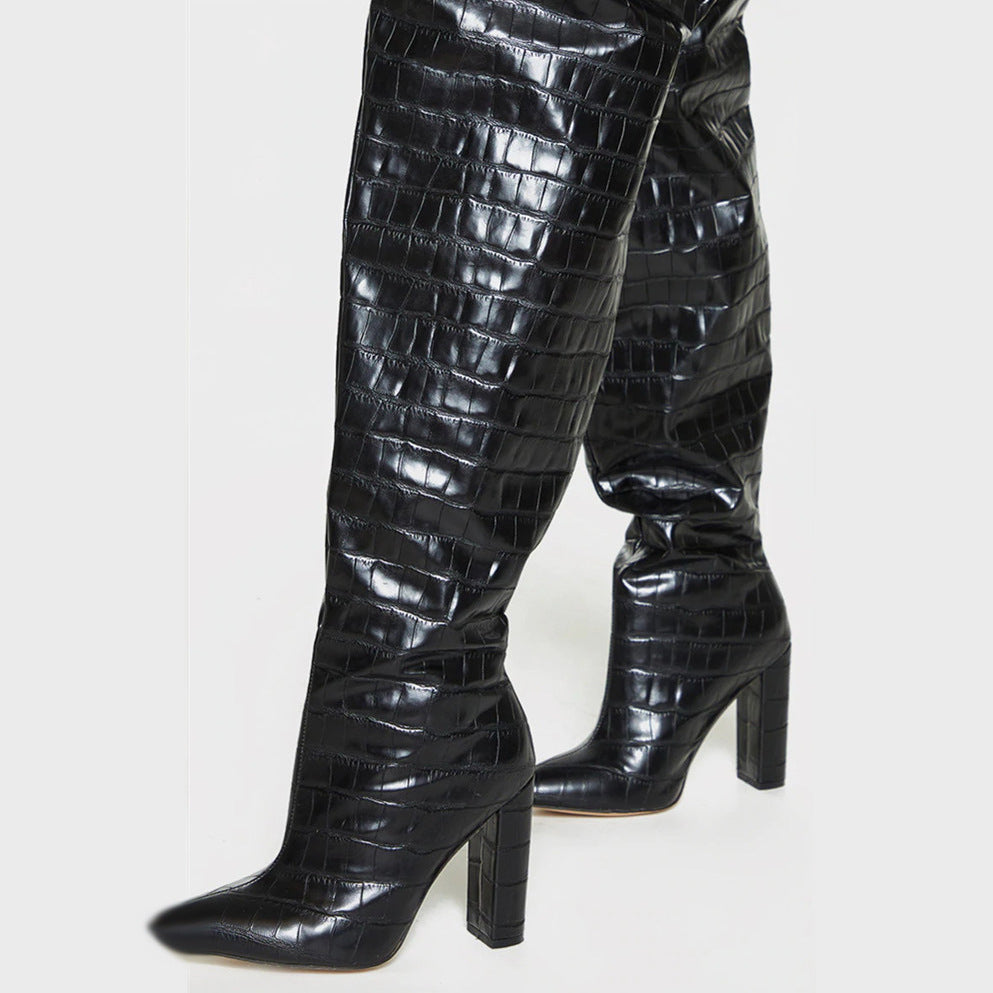 Chunky High-heels Thigh-high Boots - Croco - I - 🖤