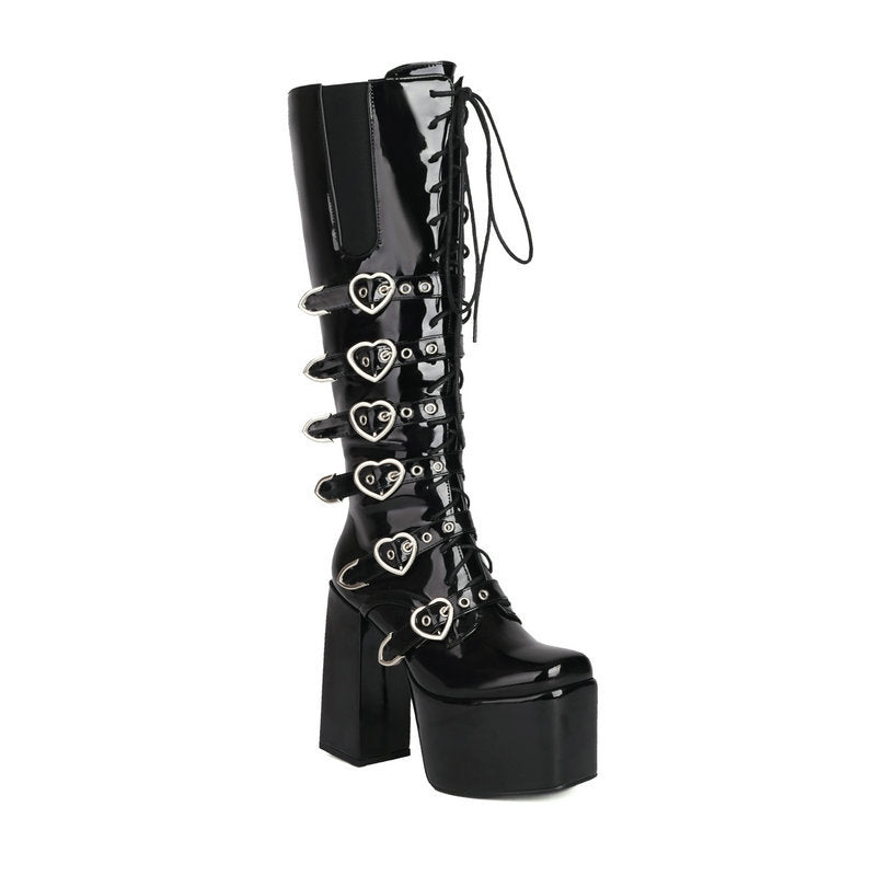 High Heels XL Platform Knee-high Boots - Metal Hearts - I - 🖤