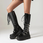 Chunky Platform Knee-high Boots - Heart Buckles - I - 🖤