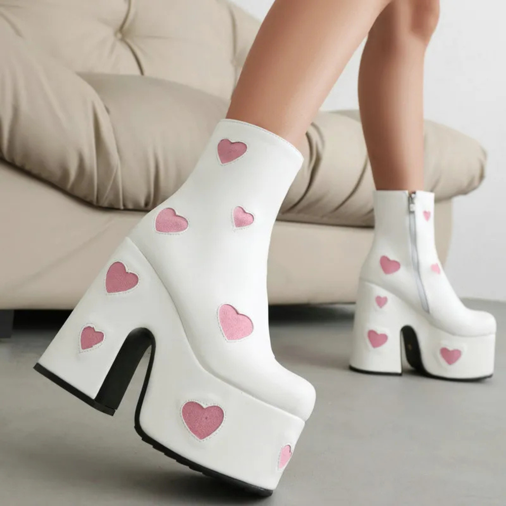 High-heels Platform Ankle  Boots - Hearts - I - White - 🩷