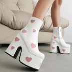 High-heels Platform Ankle  Boots - Hearts - I - White - 🩷