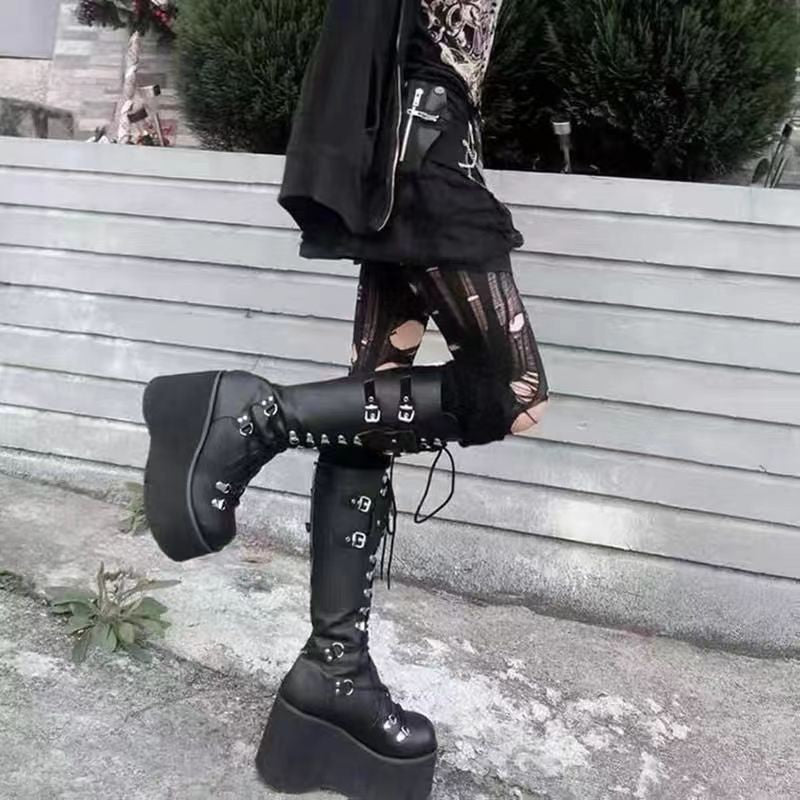 Platform Wedges Knee-High Boots - I - 🖤