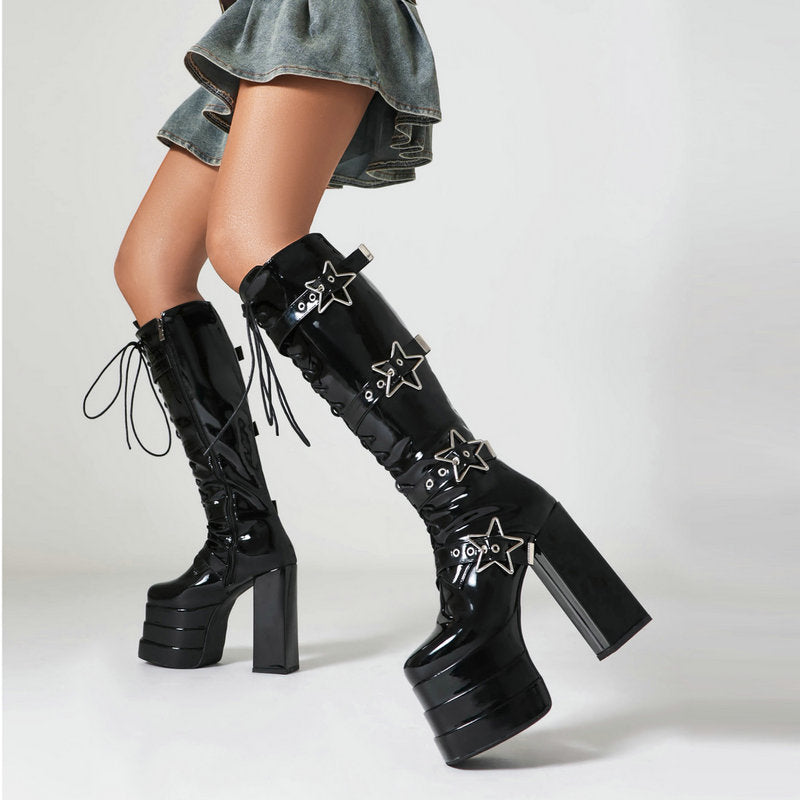 High heels XL Platform Knee-high Boots - Stars - II - 🖤