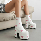 High-heels Platform Ankle  Boots - Hearts - I - White - 🩷
