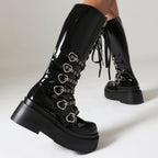 Chunky Platform Knee-high Boots - Heart Buckles - I - 🖤