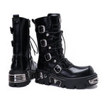 Platform Mid-calf Combat Boots - Lace-up, Buckles & Screws - I - 🖤