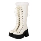 Platform Chunky heels Knee-high Boots - Lace-up & Fur - I - 🖤