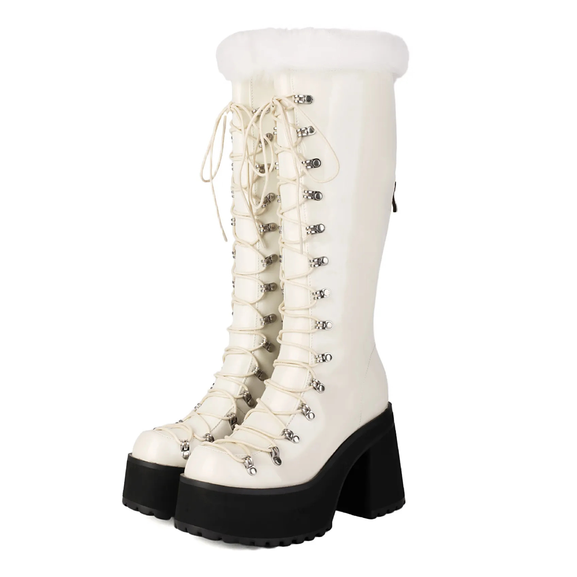 Platform Chunky heels Knee-high Boots - Lace-up & Fur - I - 🖤
