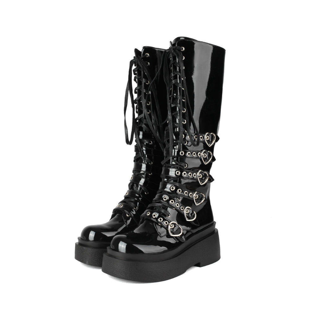 Chunky Platform Knee-high Boots - Heart Buckles - I - 🖤