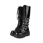 Chunky Platform Knee-high Boots - Heart Buckles - I - 🖤