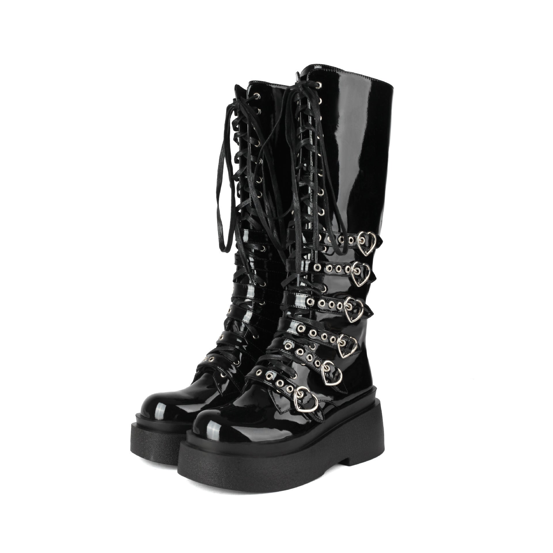 Chunky Platform Knee-high Boots - Heart Buckles - I - 🖤