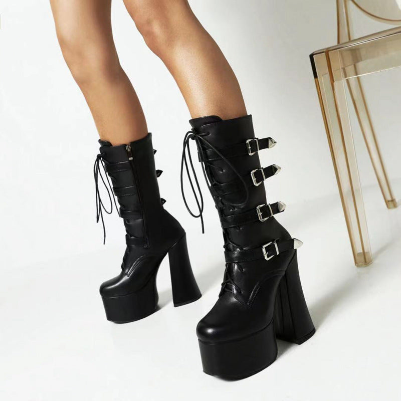 High heels XL Platform Mid-calf Boots - Laces & Buckles- IV