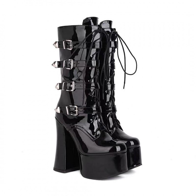 High heels XL Platform Mid-calf Boots - Laces & Buckles- IV
