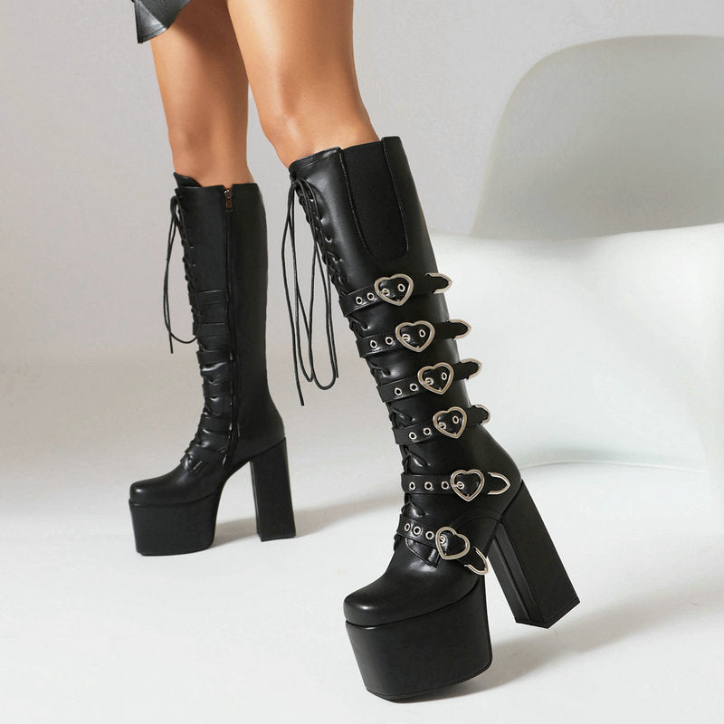 High Heels XL Platform Knee-high Boots - Metal Hearts - I - 🖤