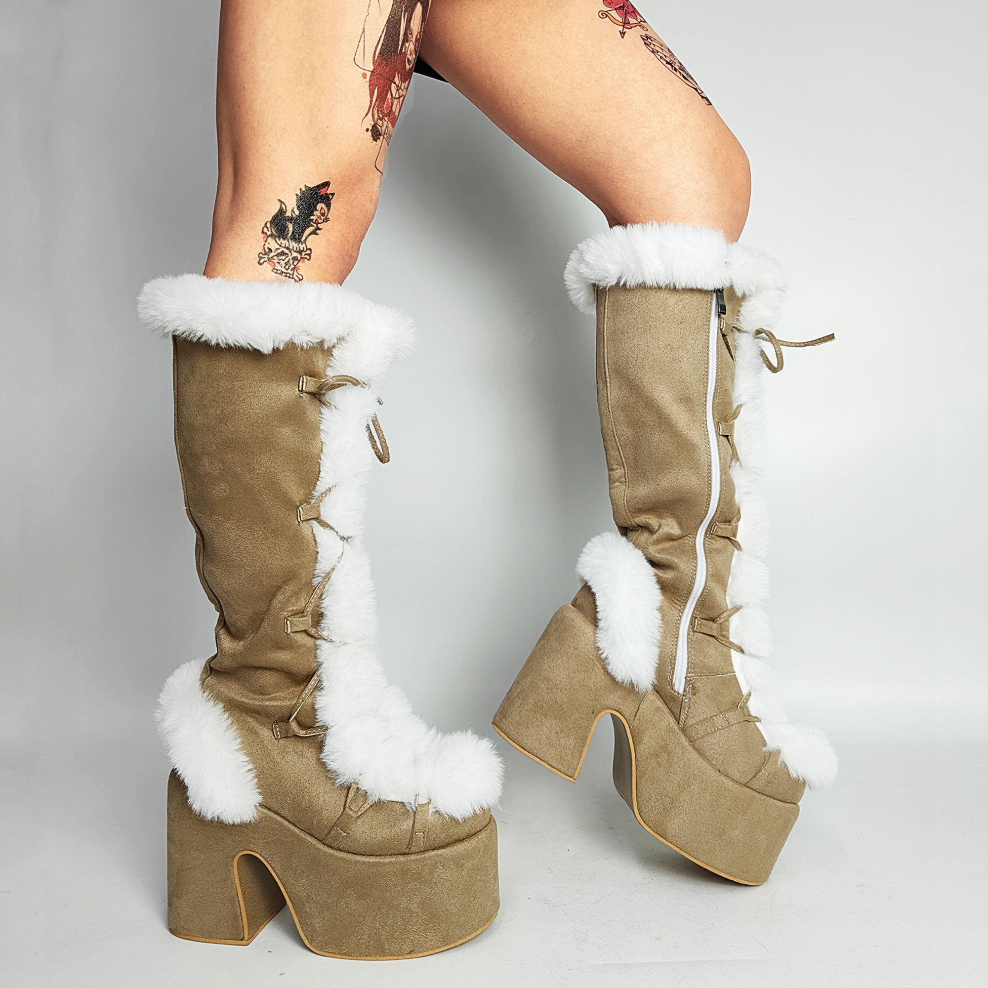 High-heels Platform Knee-high Fur Boots - III - X