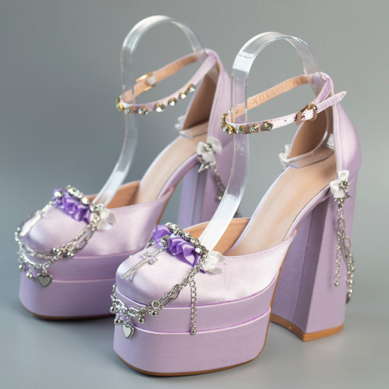 Chunky Heels Platform Sandals - Chains - I - 🩷
