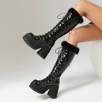 Platform Chunky heels Knee-high Boots - Lace-up & Fur - I - 🖤