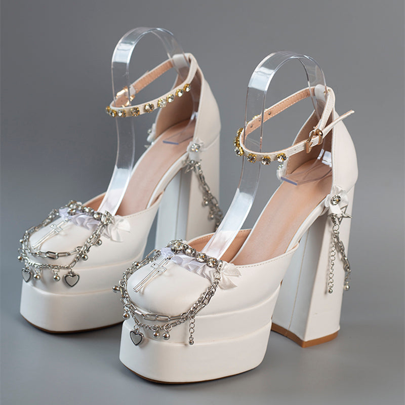 Chunky Heels Platform Sandals - Chains - I - 🩷