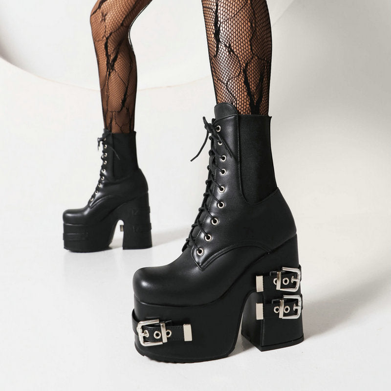 High-heels XL Platform Ankle Boots - Buckles - V - 🖤
