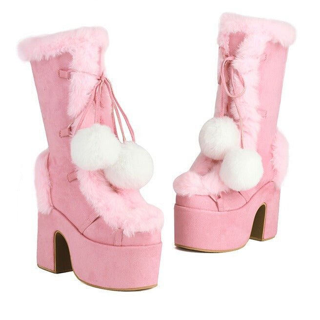Chunky heels XL Platform Mid-calf Boots - Fur & Pompom - V - X