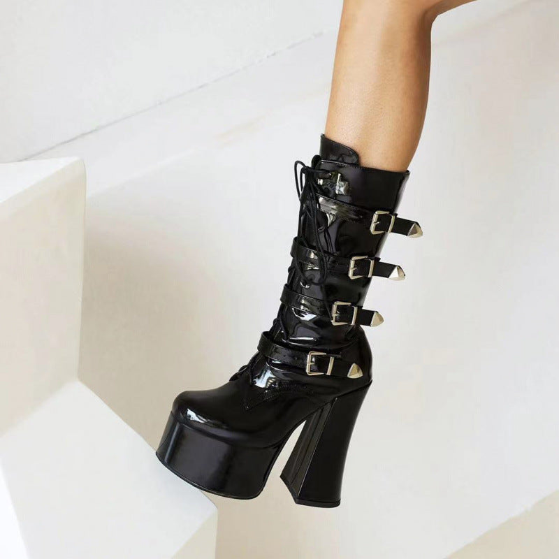 High heels XL Platform Mid-calf Boots - Laces & Buckles- IV