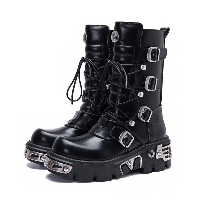 Platform Mid-calf Combat Boots - Lace-up, Buckles & Screws - I - 🖤