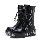 Platform Mid-calf Combat Boots - Lace-up, Buckles & Screws - I - 🖤