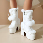 Chunky heels XL Platform Mid-calf Boots - Fur & Pompom - V - X