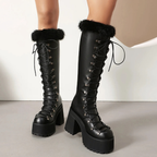 Platform Chunky heels Knee-high Boots - Lace-up & Fur - I - 🖤