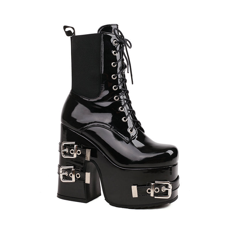 High-heels XL Platform Ankle Boots - Buckles - V - 🖤