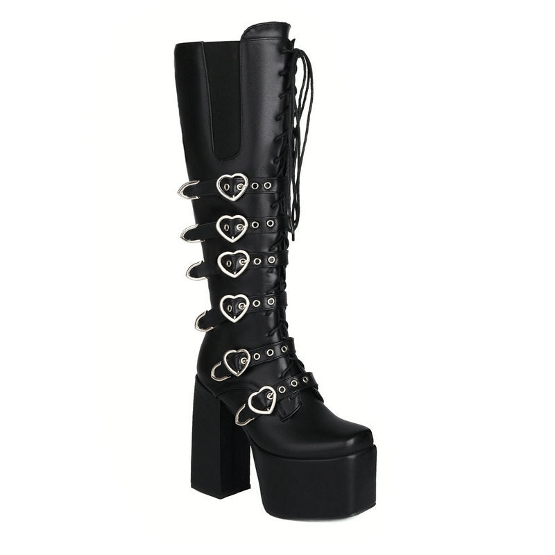 High Heels XL Platform Knee-high Boots - Metal Hearts - I - 🖤