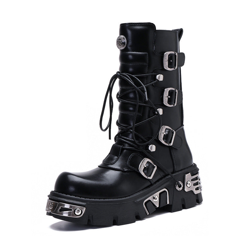Platform Mid-calf Combat Boots - Lace-up, Buckles & Screws - I - 🖤
