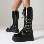 Chunky Platform Knee-high Boots - Heart Buckles - I - 🖤