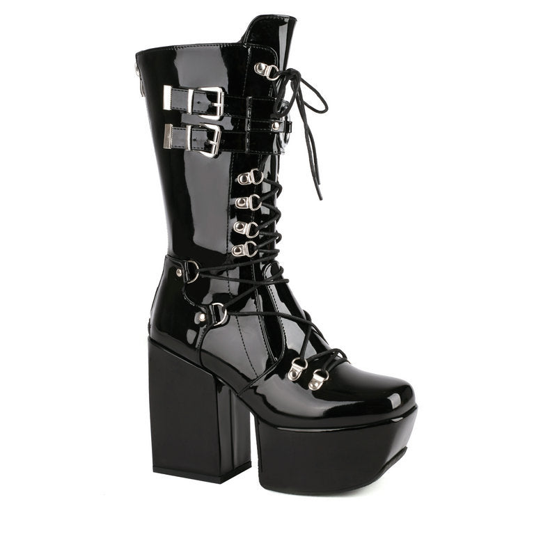 High heels XL Platform Mid-calf Boots - Lace-up & Metal hardware - III - 🖤